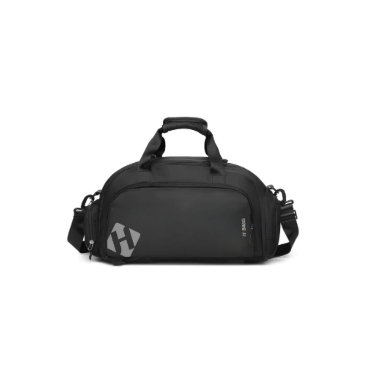 Un bolso de viaje negro con asa superior, correa ajustable para el hombro y un logotipo gris con una «H» estilizada en la parte frontal, presentado sobre un fondo blanco liso.