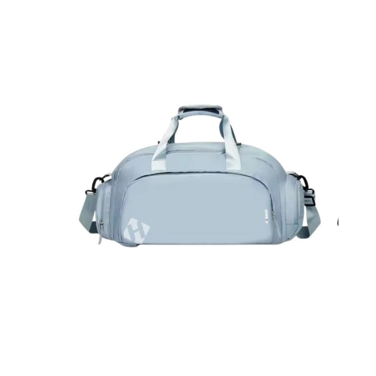Un bolso de viaje gris con asa superior, correa ajustable para el hombro y un logotipo gris con una «H» estilizada en la parte frontal, presentado sobre un fondo blanco liso.