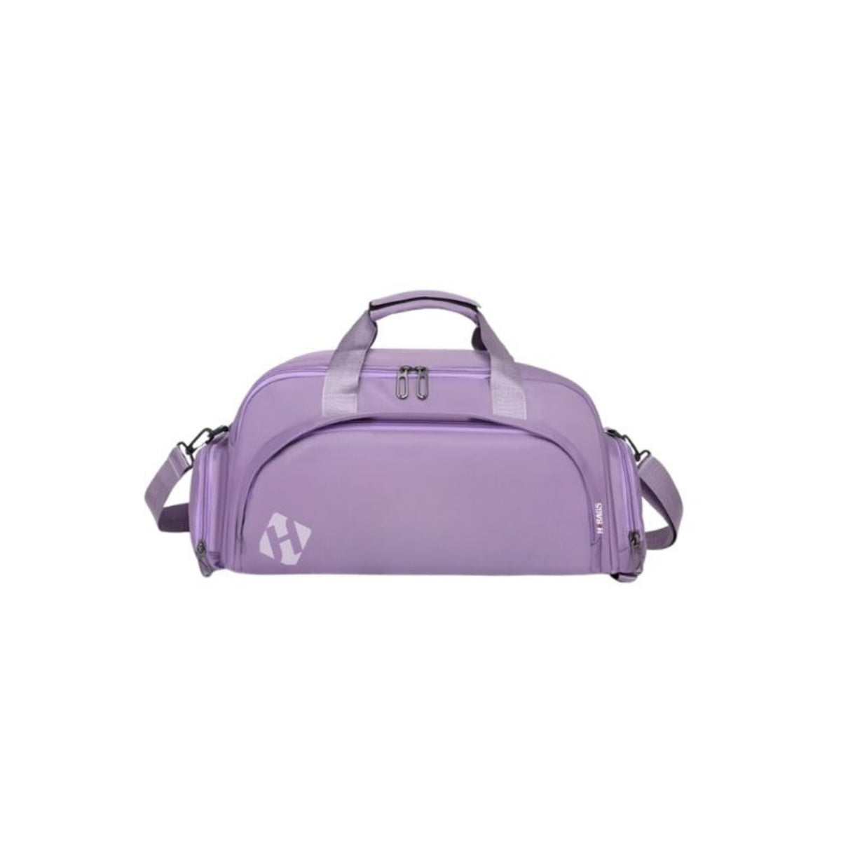Un bolso de viaje morado con asa superior, correa ajustable para el hombro y un logotipo gris con una «H» estilizada en la parte frontal, presentado sobre un fondo blanco liso.