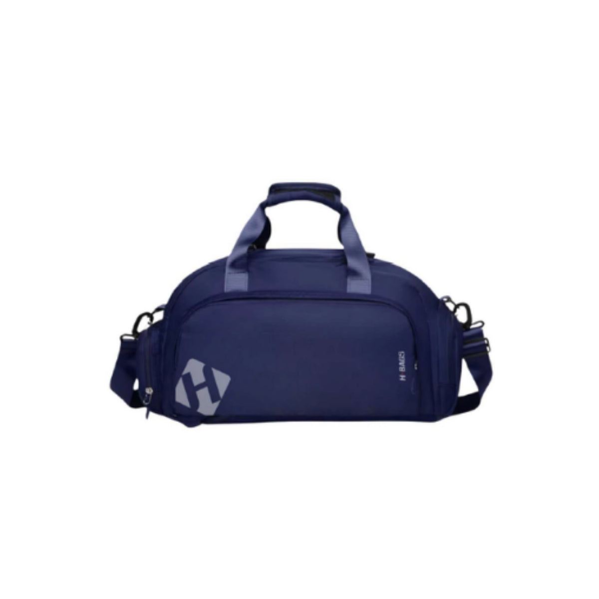 Un bolso de viaje azul oscuro con asa superior, correa ajustable para el hombro y un logotipo gris con una «H» estilizada en la parte frontal, presentado sobre un fondo blanco liso.