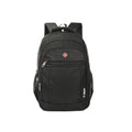 Una mochila negra para portátil de la marca H BAGS, con un bolsillo frontal con cremallera y un pequeño logotipo rojo, sobre un fondo blanco liso.